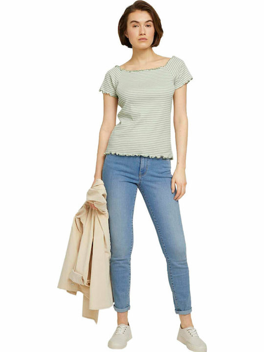 Women's Summer Blouse Short Sleeve Striped Green