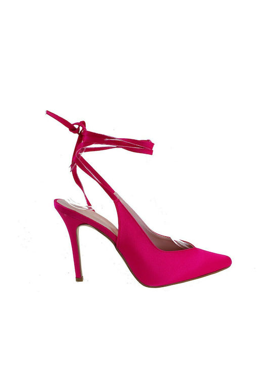 89685 Satin Spitze Zehe Pumps mit Fuchsie Absatzdicke Stiletto