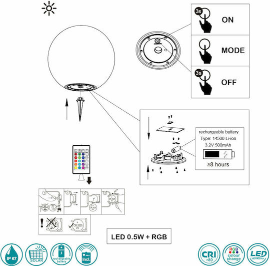 Trio Lighting Spiked Solar Light Ball 0.5W 30lm with Warm White Light 3000K IP67 20cmx17cmcm