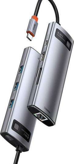 Baseus Metal Gleam Series 8-in-1 USB-C Docking Station with HDMI 4K PD Ethernet Silver
