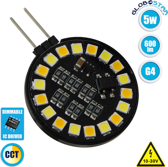GloboStar Λάμπα LED 5W για Ντουί G4 Θερμό Λευκό 600lm Dimmable