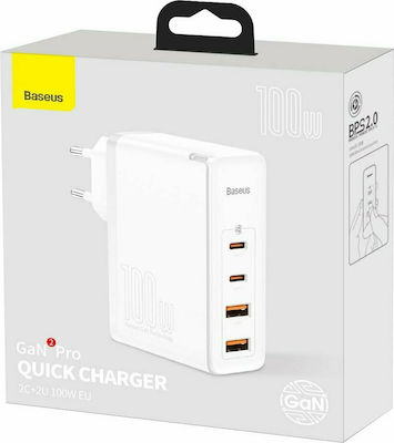 Baseus Charger Without Cable with 2 USB-A Ports and 2 USB-C Ports 100W Power Delivery / Quick Charge 4+ Whites (GaN2 Pro)