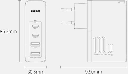 Baseus Charger Without Cable GaN with 2 USB-A Ports and 2 USB-C Ports 100W Power Delivery / Quick Charge 4+ Whites (Gan2 Pro)