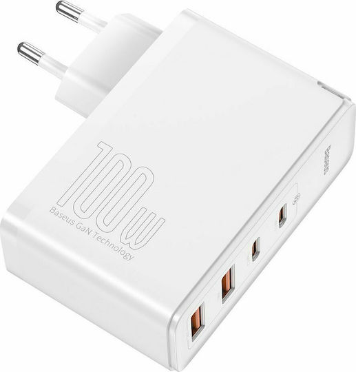 Baseus Charger Without Cable GaN with 2 USB-A Ports and 2 USB-C Ports 100W Power Delivery / Quick Charge 4+ Whites (Gan2 Pro)