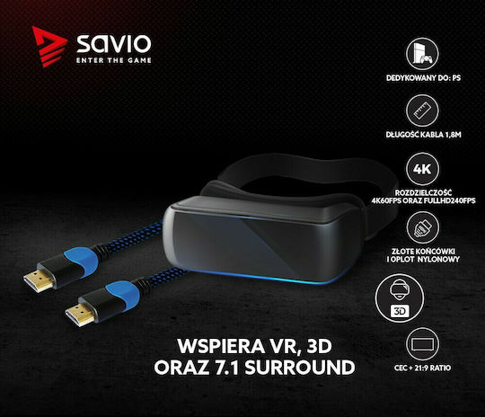 Savio HDMI 2.0 Premium High Speed 4K 60Hz HDR Braided Cable HDMI Male - HDMI Male Length 1.8m Black