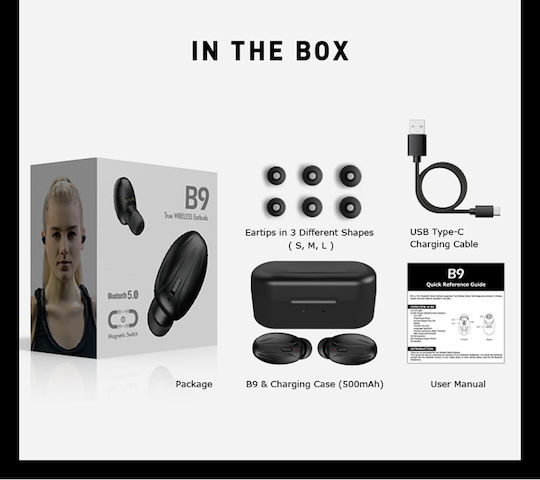 B9 In-ear Bluetooth Handsfree Ακουστικά με Αντοχή στον Ιδρώτα και Θήκη Φόρτισης Μαύρα