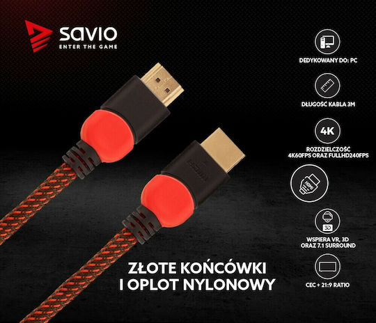Savio HDMI 2.0 Premium High Speed 4K 60Hz HDR Cable HDMI male - HDMI male 3m Μαύρο