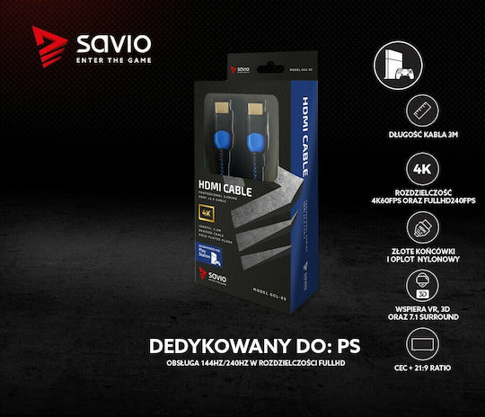 Savio HDMI 2.0 Premium High Speed 4K 60Hz HDR Braided Cable HDMI male - HDMI male 3m Μαύρο