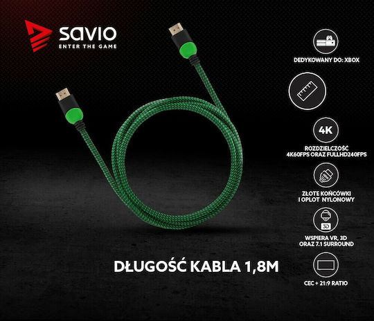Savio HDMI 2.0 Premium High Speed 4K 60Hz HDR Braided Cable HDMI Male - HDMI Male Length 1.8m Black