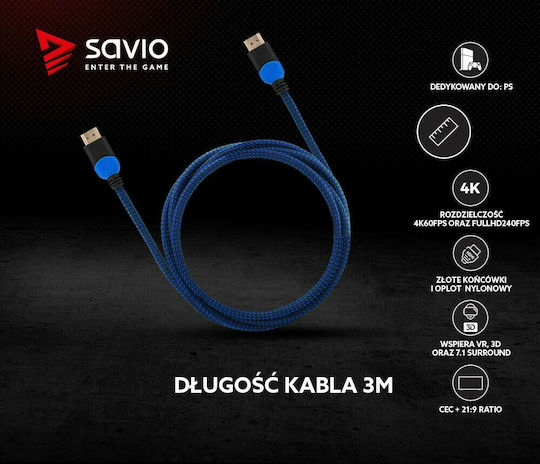 Savio HDMI 2.0 Premium High Speed 4K 60Hz HDR Braided Cable HDMI male - HDMI male 3m Μαύρο