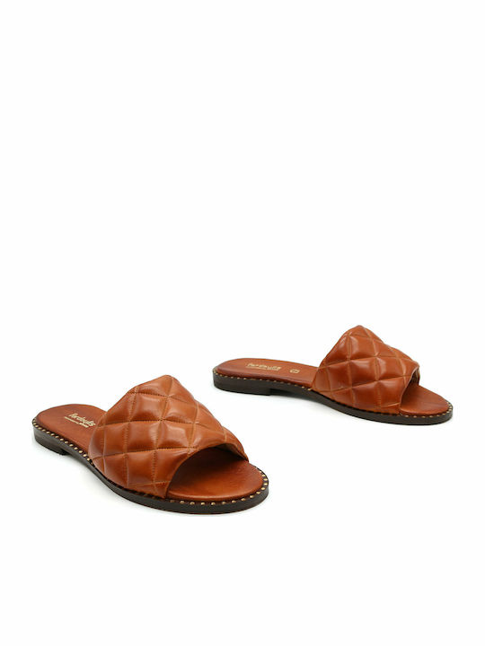 Leather Women's Flat Sandals in Tabac Brown Color