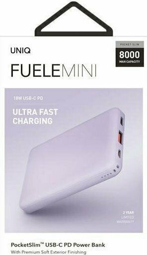 Uniq Fuele Mini Power Bank 8000mAh 18W με Θύρα USB-A και Θύρα USB-C Μωβ