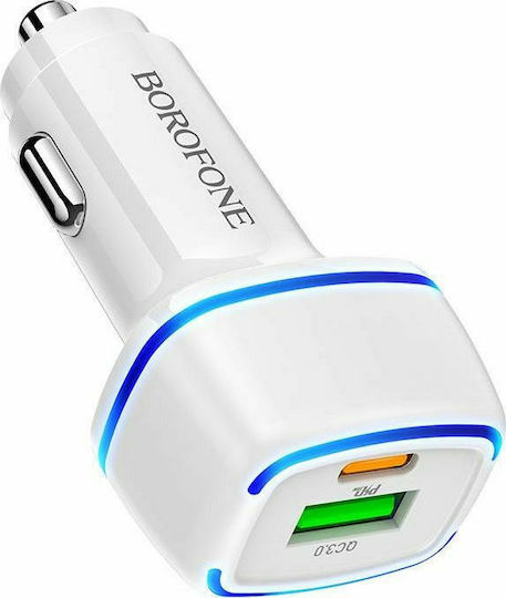Borofone BZ14 Auto-Ladegerät 12W 2.4A mit Anschlüssen: 1xUSB 1xType-C Weiß Farbe