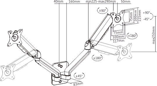 Brateck LDA32-114 Wall Mounted Stand for 2 Monitors up to 32"
