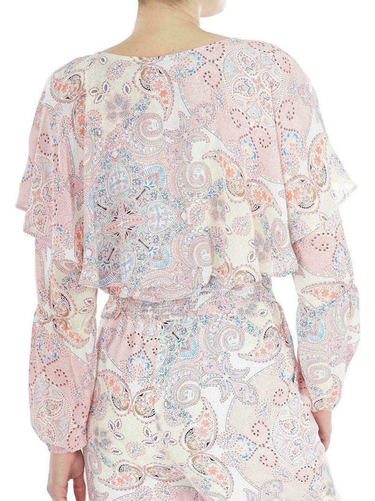 Only Damen Bluse Langärmelig mit V-Ausschnitt Pink Printed
