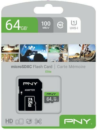 PNY Elite microSDXC 64GB U1 UHS-I 100MB/s με αντάπτορα