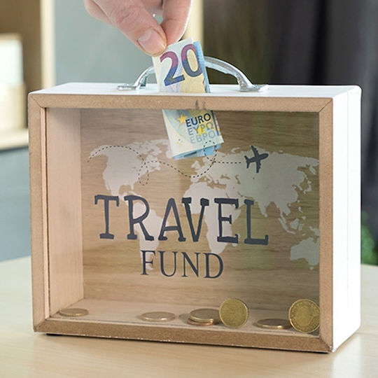 Out of the Blue Travel Fund Money Box Wooden Beige 20.5x7.5x12cm