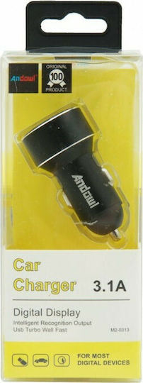 Andowl Car Charger 3.1A with Ports: 2xUSB and Voltmeter Black Color