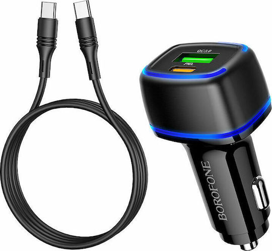 Borofone Car Charger Black BZ14A Total Intensity 2.4A Fast Charging with Ports: 1xUSB 1xType-C with Cable Type-C