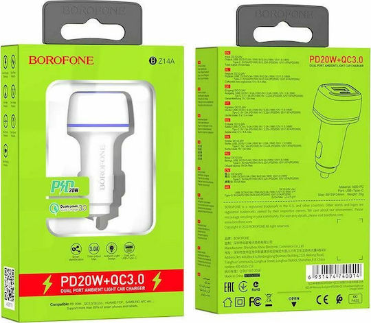 Borofone BZ14A Auto-Ladegerät 20W 3A mit Anschlüssen: 1xUSB 1xType-C Weiß Farbe