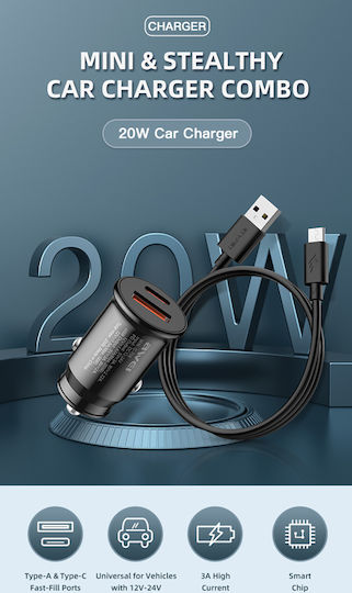 Awei Car Charger 20W with Ports: 1xUSB 1xType-C with Cable Type-C Black Color
