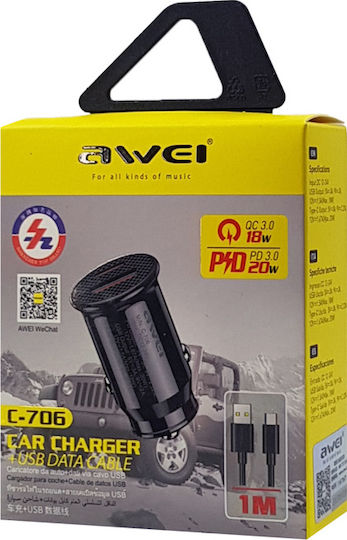 Awei Car Charger 20W with Ports: 1xUSB 1xType-C with Cable Type-C Black Color