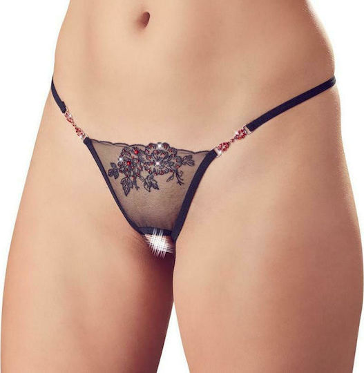 Cottelli Collection Sexy Crotchless Thong with Rhinestones Γυναικείο Sexy String Αυτοκινήτου Black