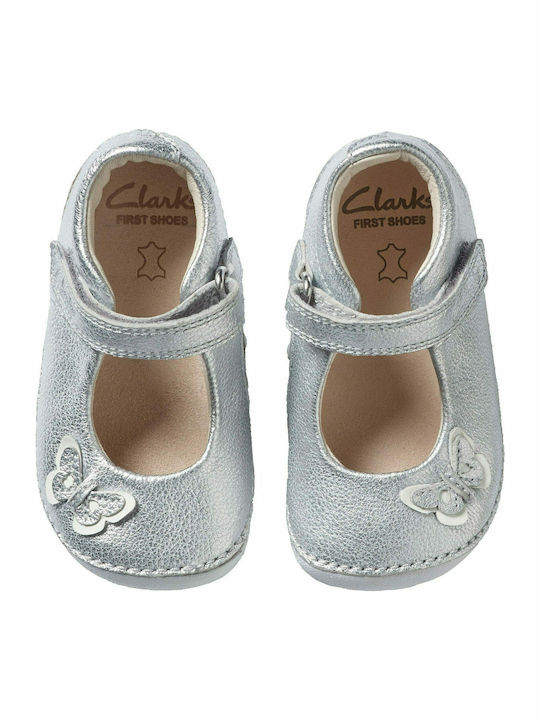 Clarks Kids Anatomic Leather Ballerinas Little Mia with Hoop & Loop Closure Silver