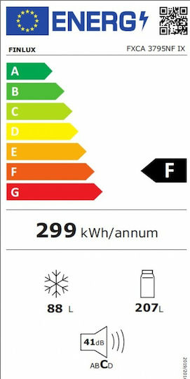 Finlux Ψυγειοκαταψύκτης 295lt Total NoFrost Υ186xΠ60xΒ60εκ. Inox FXCA 3795NF IX