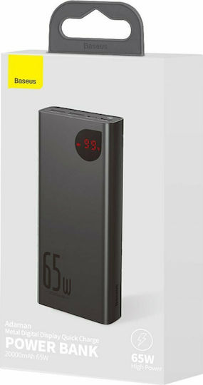 Baseus Adaman Metal Digital Display Power Bank 20000mAh 65W με 2 Θύρες USB-A και Θύρα USB-C Quick Charge 3.0 Μαύρο