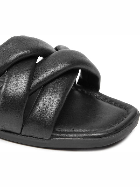 Leather Women's Flat Sandals in Black Color