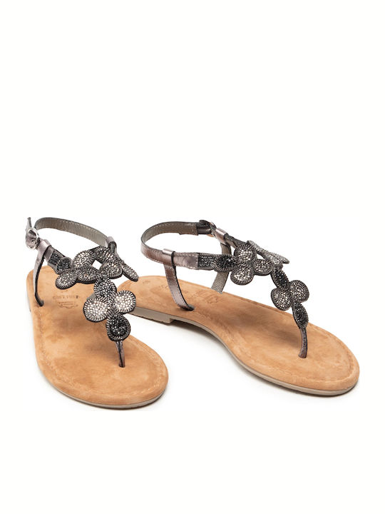 Leather Women's Flat Sandals with Strap in Silver Color