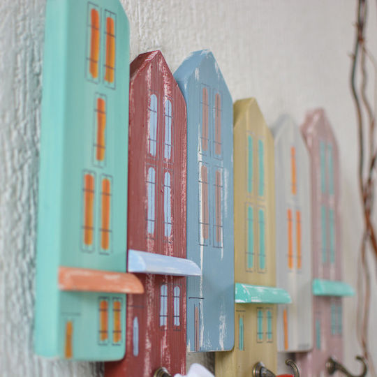 Kapadakis Wood Art Wall Hanger Handmade Houses and Shops Wooden 3 Hooks Multicolour 42x4x30cm