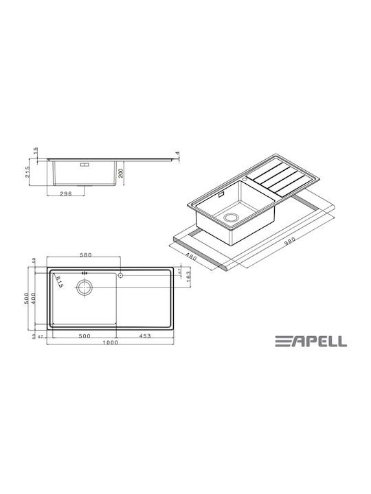 Apell Linear Plus LNP1001 L LNP1001-110L Right-handed Drop-In Sink Inox Satin W100xD50cm Silver