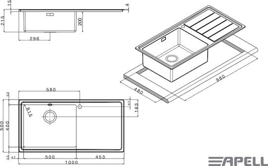 Apell Linear Plus LNP1001 L LNP1001-110L Десни Drop-In Мивка Inox Сатен Ш100xД50см Сребрист