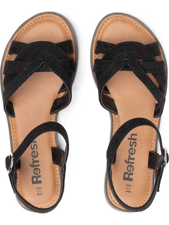 Leather Women's Flat Sandals with Strap in Black Color