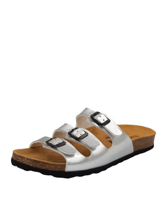 Plakton Leather Women's Flat Sandals Anatomic In Silver Colour