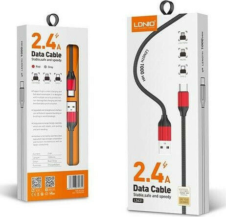 Ldnio LS431 Braided USB-A to Lightning Cable Red 1m