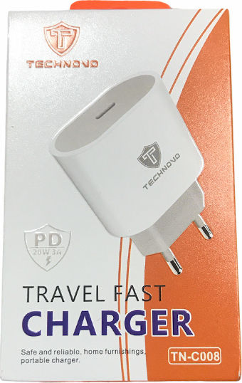 Technovo Зарядно без кабел с USB-C порт 20W Бял (TN-C008)