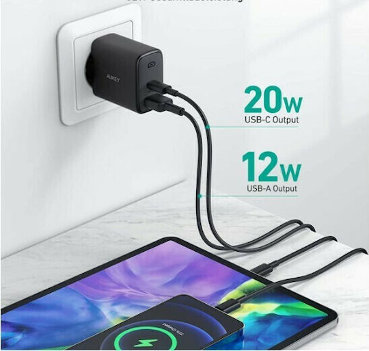 Aukey Φορτιστής Χωρίς Καλώδιο με Θύρα USB-A και Θύρα USB-C 32W Power Delivery Μαύρος (PA-F3S)