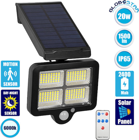 GloboStar Στεγανός Ηλιακός Προβολέας LED 20W Ψυχρό Λευκό 6000K με Αισθητήρα Κίνησης, Φωτοκύτταρο και Τηλεχειριστήριο IP65