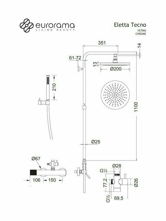Eurorama Eletta Tecno Duschsäule Ohne Batterie 110cm Silber