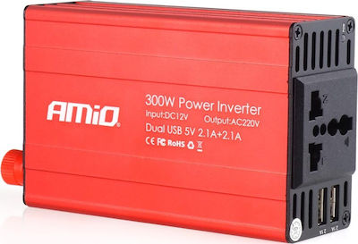 AMiO Inverter Αυτοκινήτου PI03 300W για Μετατροπή 12V DC σε 230V AC με 2xUSB /AM