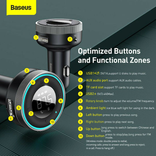 Baseus FM Transmitter Αυτοκινήτου με AUX / MicroSD / USB Γρήγορης Φόρτισης QC3.0
