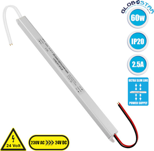 GloboStar Ρυθμιζόμενο Dimmable Τροφοδοτικό LED IP20 Ισχύος 60W με Τάση Εξόδου 24V 31x1.8x1.8cm 2.5A