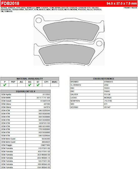 Ferodo Motorcycle Brake Pads Organic Rear Brake Pads Fdb2018ef KTM 1290 Super Adventure for Aprilia SRV 850 Gilera Nexus Ktm 1290 Super Adventure / 450 SX-F Piaggio X9 / Beverly 400 Triumph Scrambler Yamaha Majesty 125 / XT