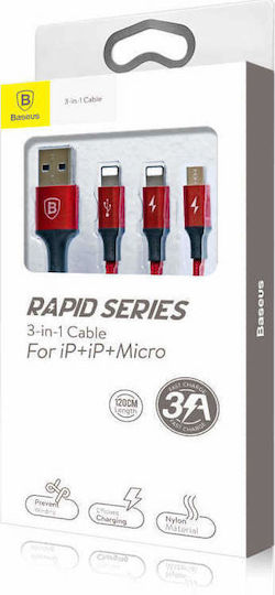 Baseus Rapid 2-in-1 Braided USB to 2x Lightning / micro USB Cable 3A Κόκκινο 1.2m (CAMLL-SU09)
