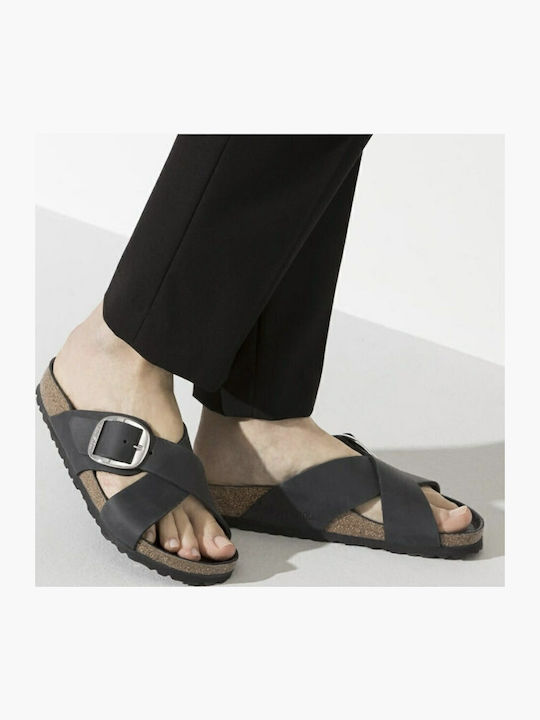 Siena Big Buckle Leather Women's Flat Sandals in Black Color Narrow Fit