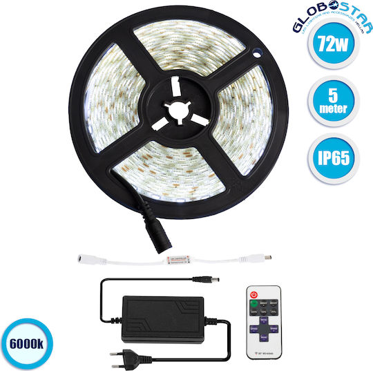 GloboStar Waterproof LED Strip 12V Cold White Light 5m Type SMD5050 with Power Supply & Remote Control