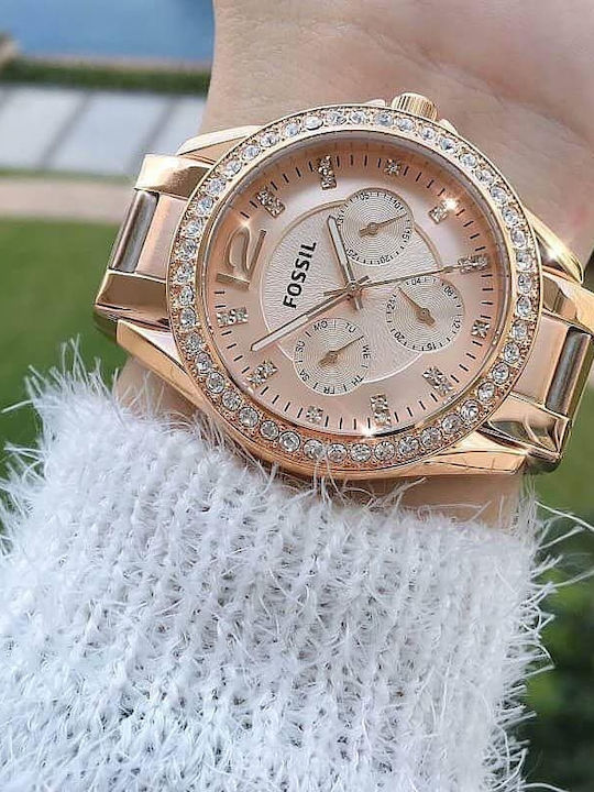 Fossil Γυναικείο Ρολόι 41mm Χρονογράφος Μπαταρίας με Ροζ Χρυσό Μεταλλικό Μπρασελέ